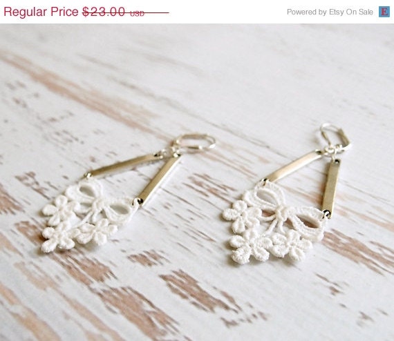 Memorial Day Weekend Sale Lace and Silver Earrings - Eudora in Ivory - Lace Bridal Earrings - Elegant Statement Jewelry