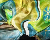 Estonian national motifs hand painted silk scarf. Blue-black-white, yellow, brown silk scarf. FREE tracked SHIPPING wordlwide