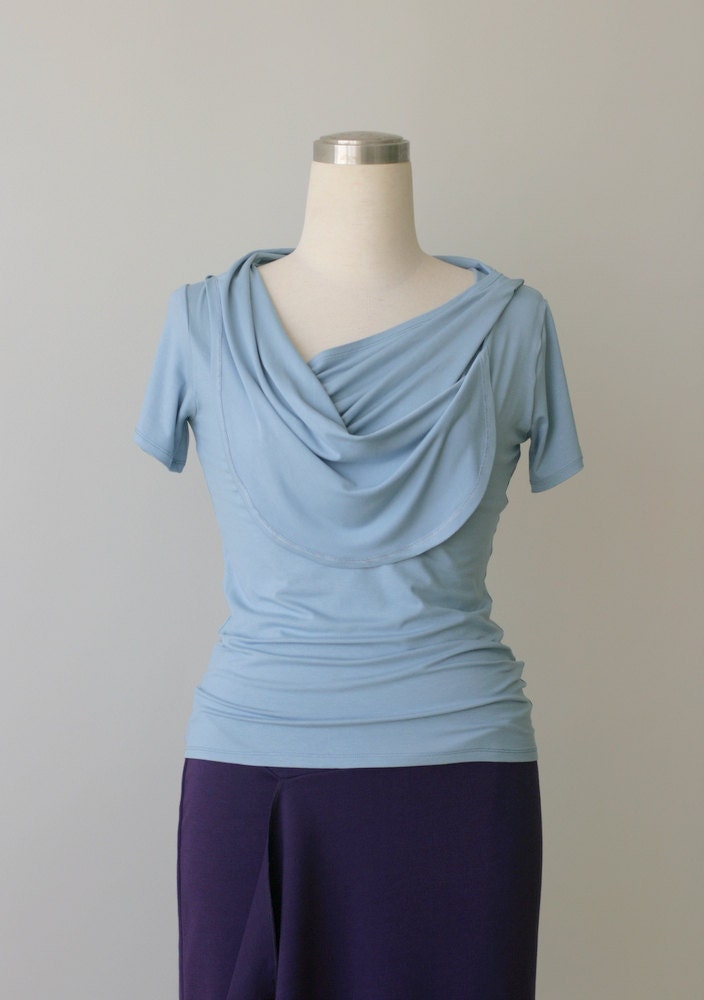 Summer top Womens asymmetric hoodie top Short sleeve Blouse Blue shirt Spring top Womens plus size clothing.  Made to order top/shirt