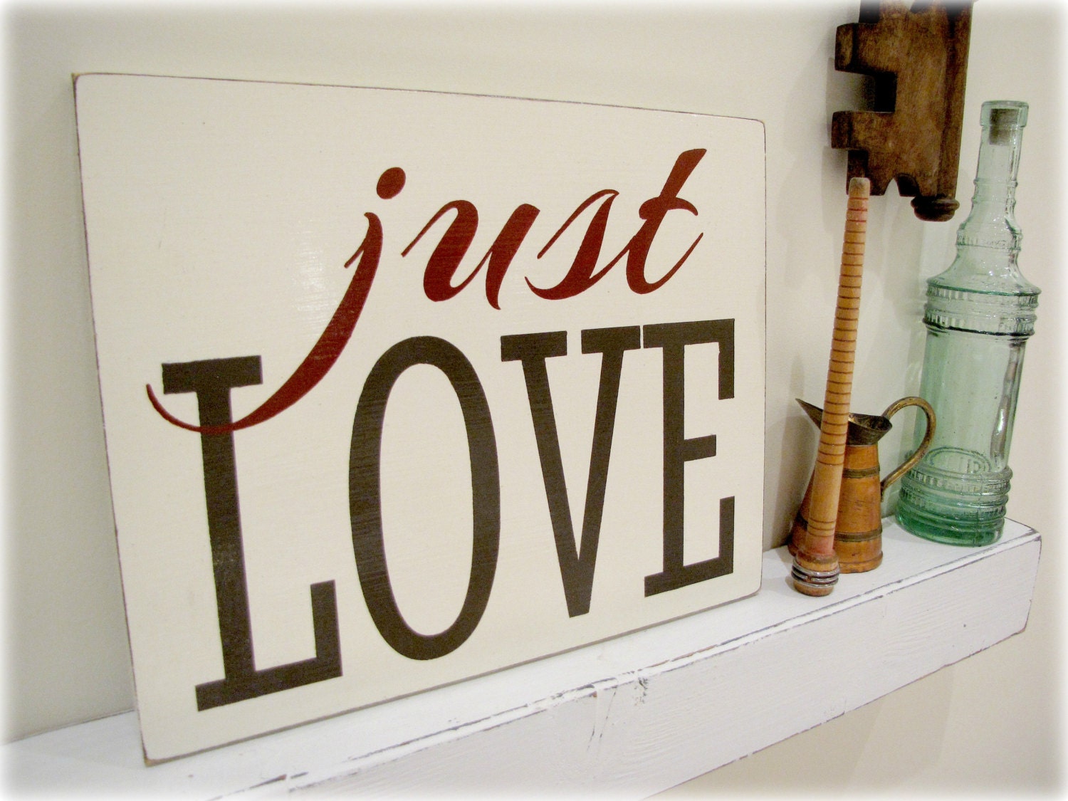 Typography Wall Decor- JUST LOVE- Distressed Wood Sign- Rustic Wall Art-Espresso and Barn Red