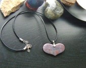 India Agate Gemstone Heart Necklace -Mauve, Gray, Burgundy on Black Leather