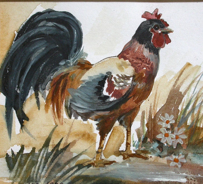 Vintage Rooster Original Watercolor in Square Black Frame