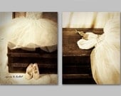 Set of 2 Photographs 8x10 - Ballet Dress little girls room sepia brown white antique trunk nursery decor