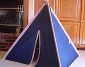 Child's Play Teepee - Wooden Poles - Blue Denim with Plaid in Primary Colors