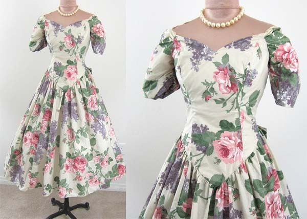 Vintage 1980's does 1950's // LILACS and ROSES // Lovely Floral Laura Ashley Style Summer Wedding Garden Party Dress