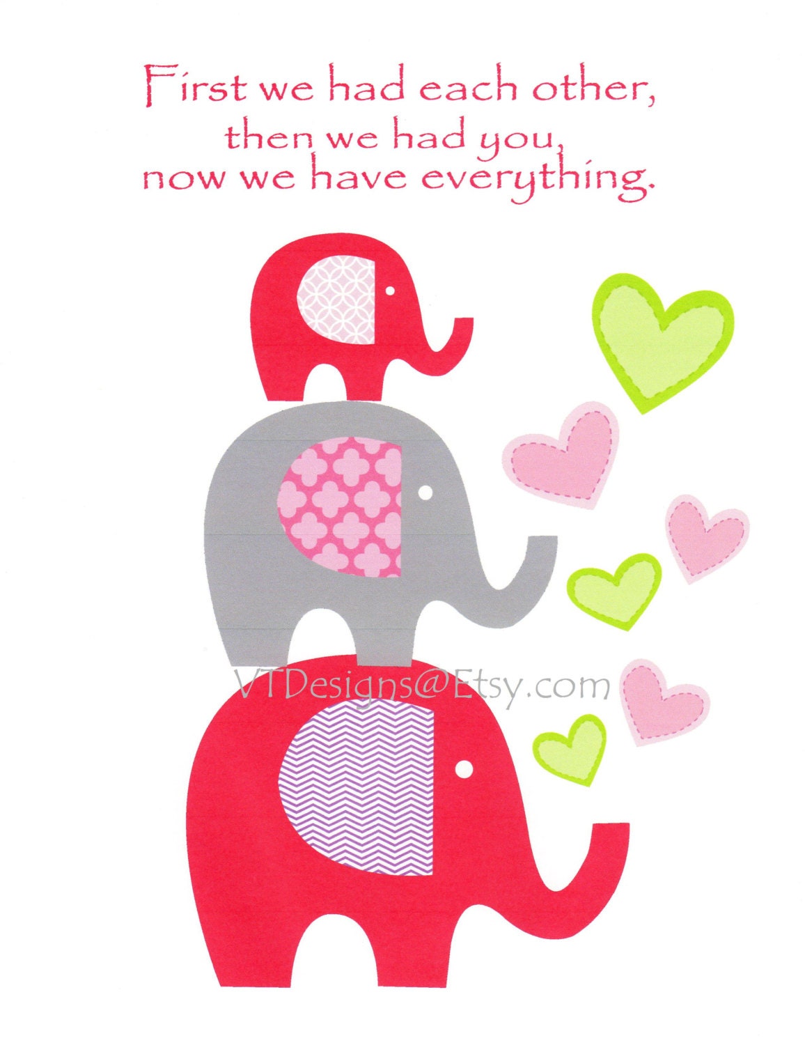 Kids Wall Art, Nursery Art Decor, Baby Girl Room Decor, Stacked Elephants, Verse, Girls, Pink, First we had each other..., 8x10 Print