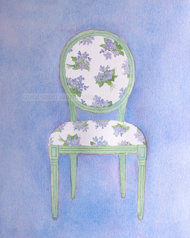 watercolor french chair  watercolor violet bouquets archival print of original painting 8 x 10
