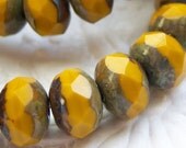 Yellow Mustard picasso Czech glass 6x8mm rondell bead lot of (25) - ND300