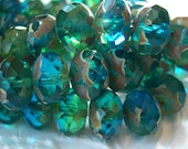 Czech capri blue and green 10x7mm rondel beads with picasso finish, lot of (10) beads - GH152