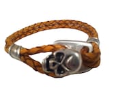Handmade unisex men's and women's brown braided leather cord pirate skull bracelet