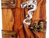 Handmade Chinese dragon pendant rustic brown wood effect leather journal notebook sketchbook