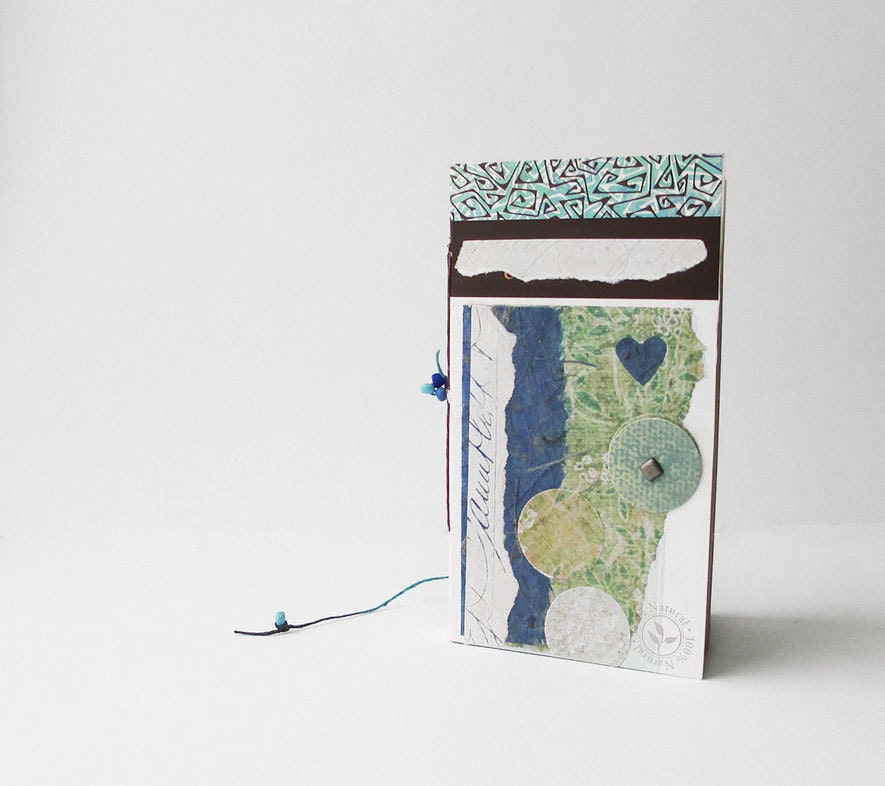 Blue recycled journal - small journal with pocket and string tab closure - travel journal - graduation gift or teacher gift