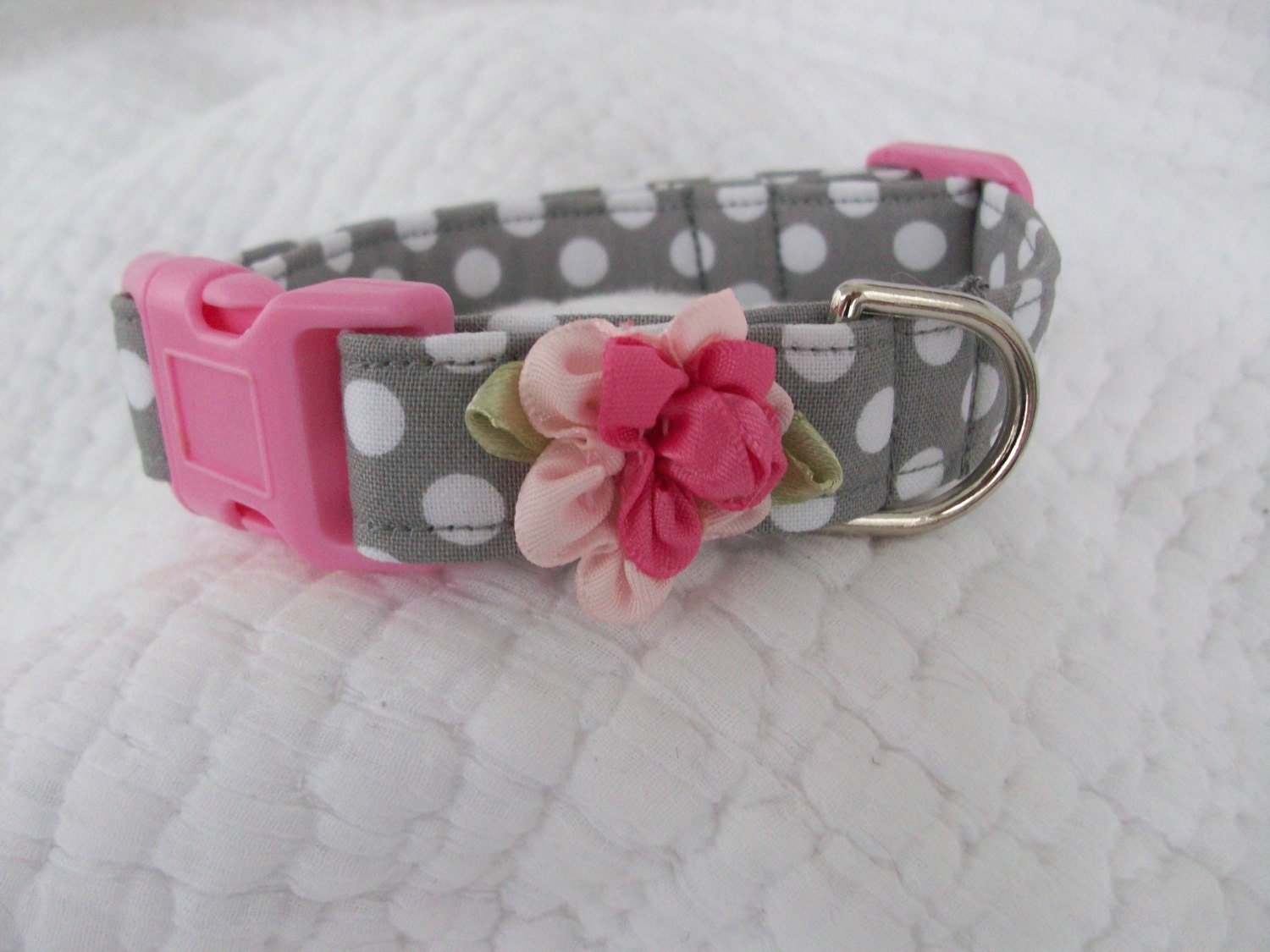 Dog Collar Grey polka dots with Pink  Shabby  flower Dog Collar Custom Sized