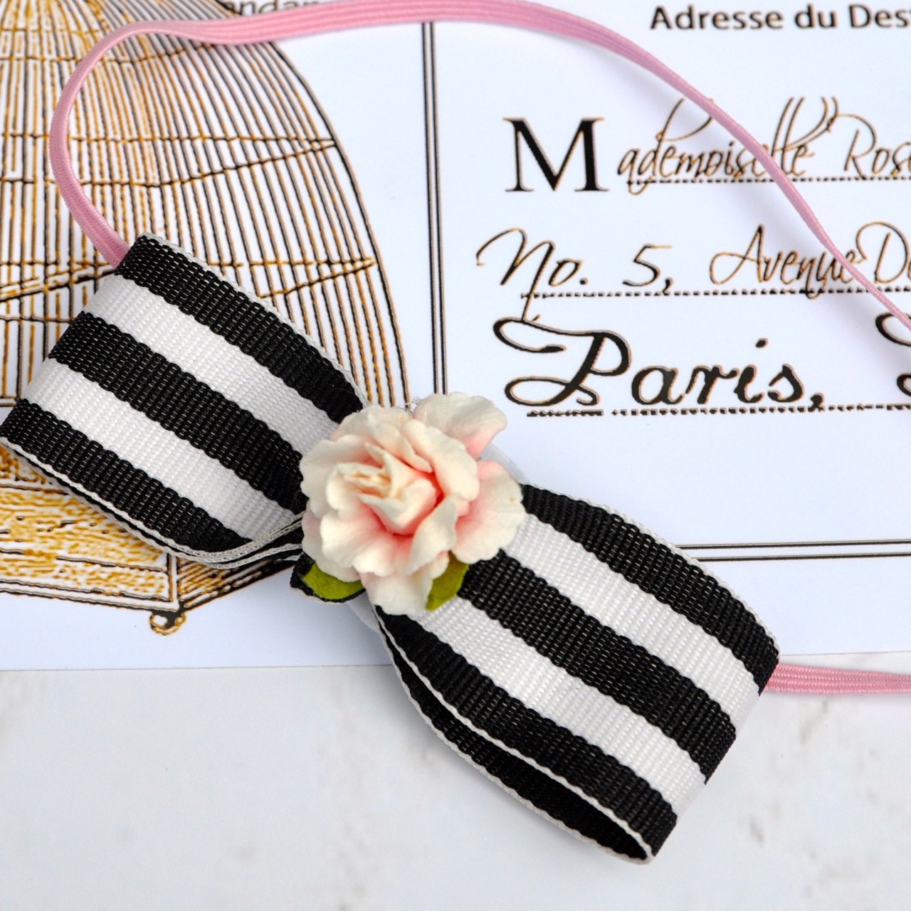 French baby pink flower bow headband on skinny elastic. Photo prop. Flower girl, baby girl, newborn.