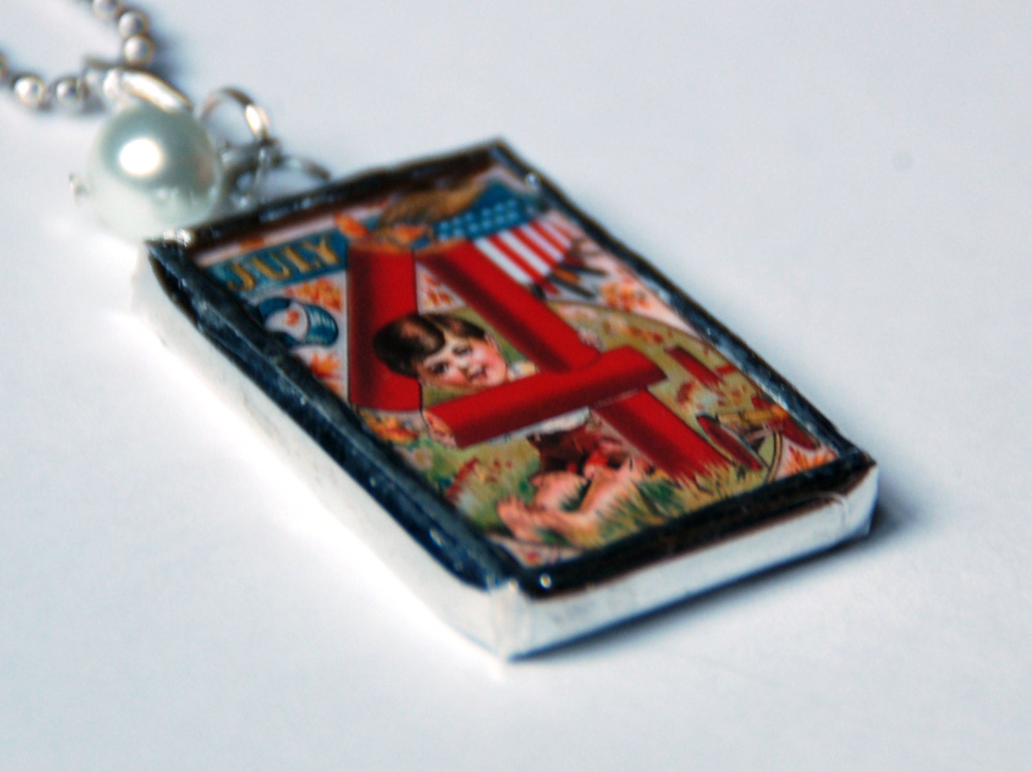 1.5 Inch X 1 Inch Soldered Charm Pendant Vintage Fourth of July Independence Day Image with 30 Inch Ball Chain