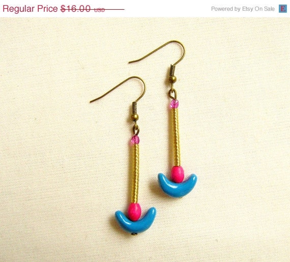 SUMMER SALE Neon Anchor Earrings - handmade polymer clay, gold springs, hot pink wood beads