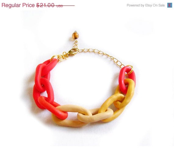 SUMMER SALE Chunky Chain Polymer Clay Bracelet in Red, Mustard, Tan - Ombre Handmade Oversized Chain Adjustable Bracelet