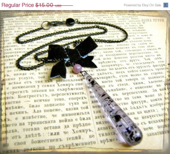 SUMMER SALE Rorschach teardrop necklace - Women Pendant Necklace - vintage lucite pendant, velvet ribbon, black chain