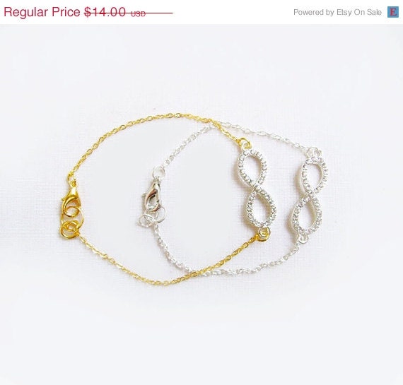 SUMMER SALE Infinity Charm Bracelet , Silver Infinity Rhinestone Charm Bracelet on Gold or Silver plated chain