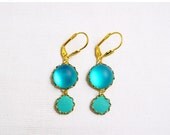 SUMMER SALE Aqua Blue Dangle Earrings, Glass and Polymer Clay Cabochon Earrings - Color Dot Collection - Handmade Statement Earrings