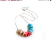 SUMMER SALE Geometric Pastel Necklace - Teal, Coral, Tan Handmade Polymer Clay Beaded Necklace