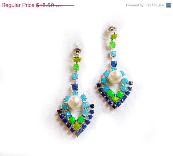 SUMMER SALE Ombre Statement Post Earrings, Blue Green Neon Rhinestone Swarovski and Faux Pearls