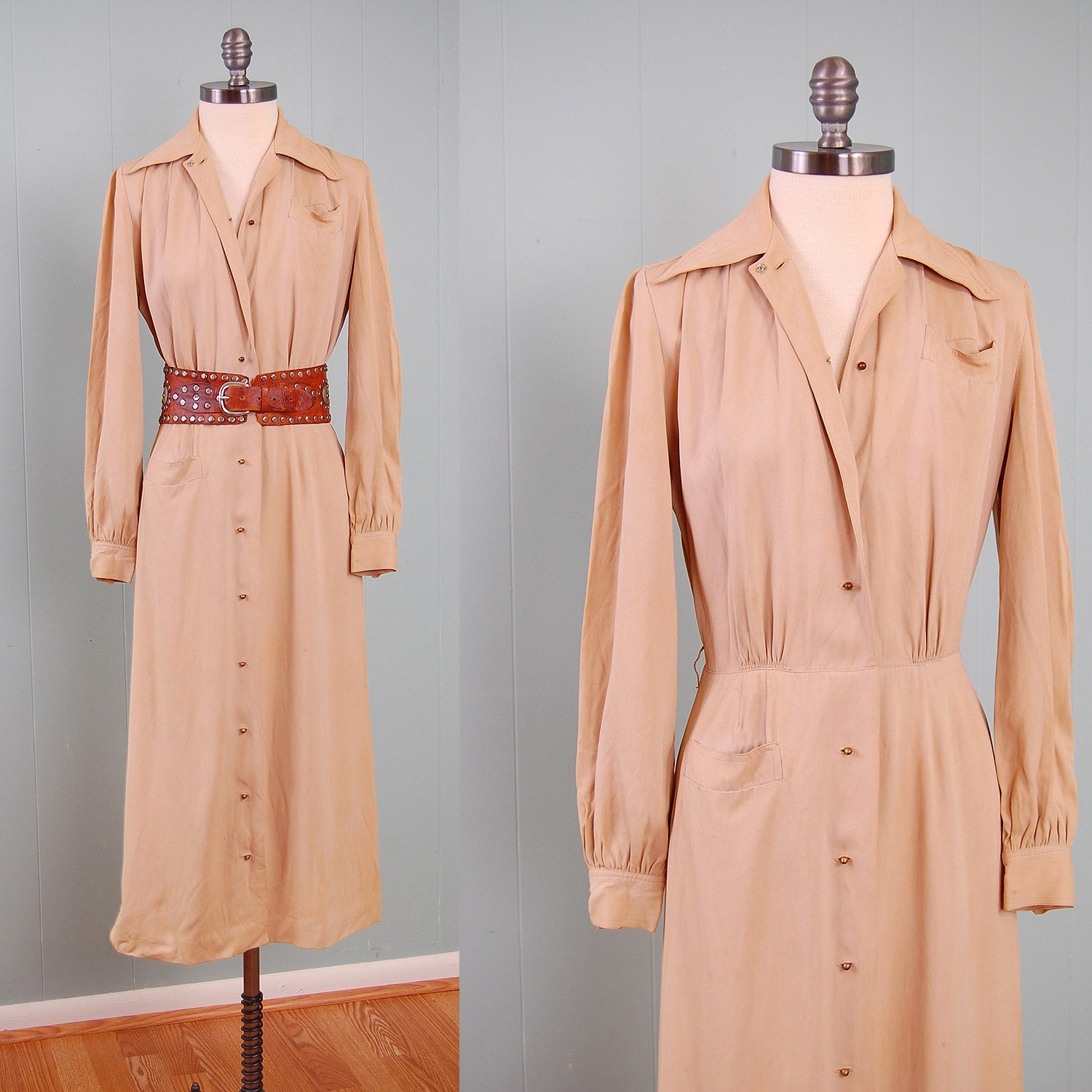 Vintage WW II 40s khaki shirt dress / Military uniform style