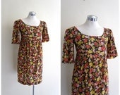SALE Vintage 1960's Dress // Black Floral Mini Empire Waist // xs
