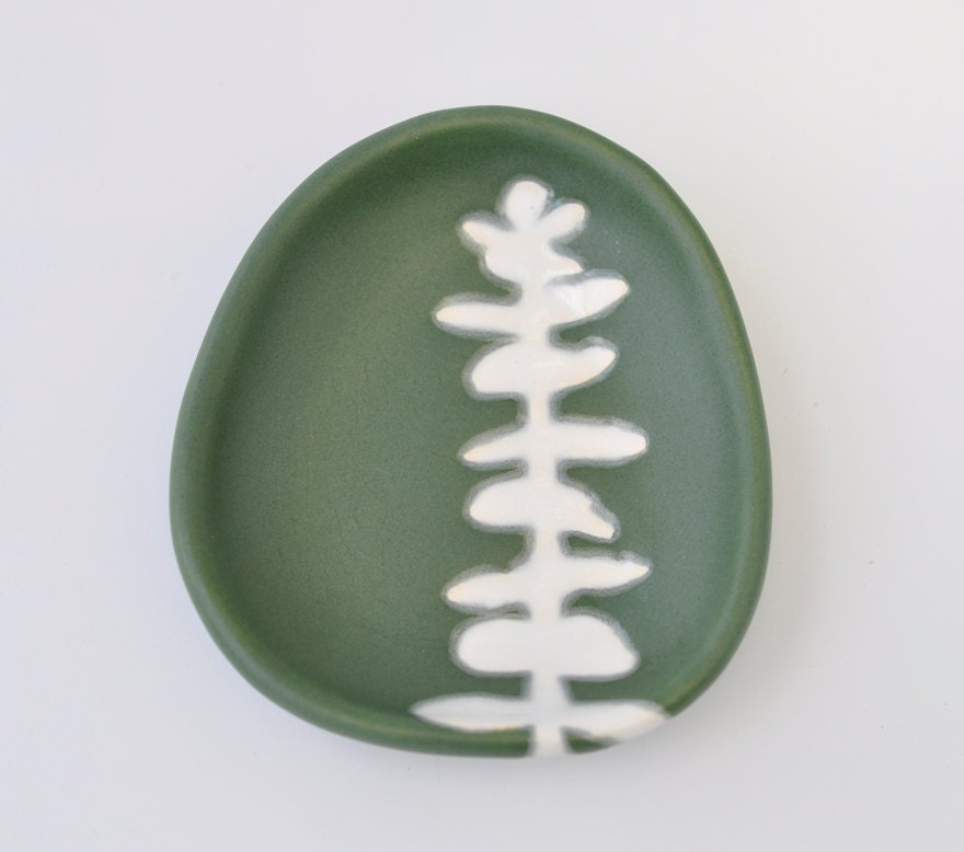 small ceramic bowl - single eucalyptus in dark green - kitchen decor or serving dish