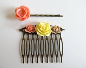 Hair accessory gift set, vintage inspired hair pins, comb and bobby pin in coral, yellow and beige