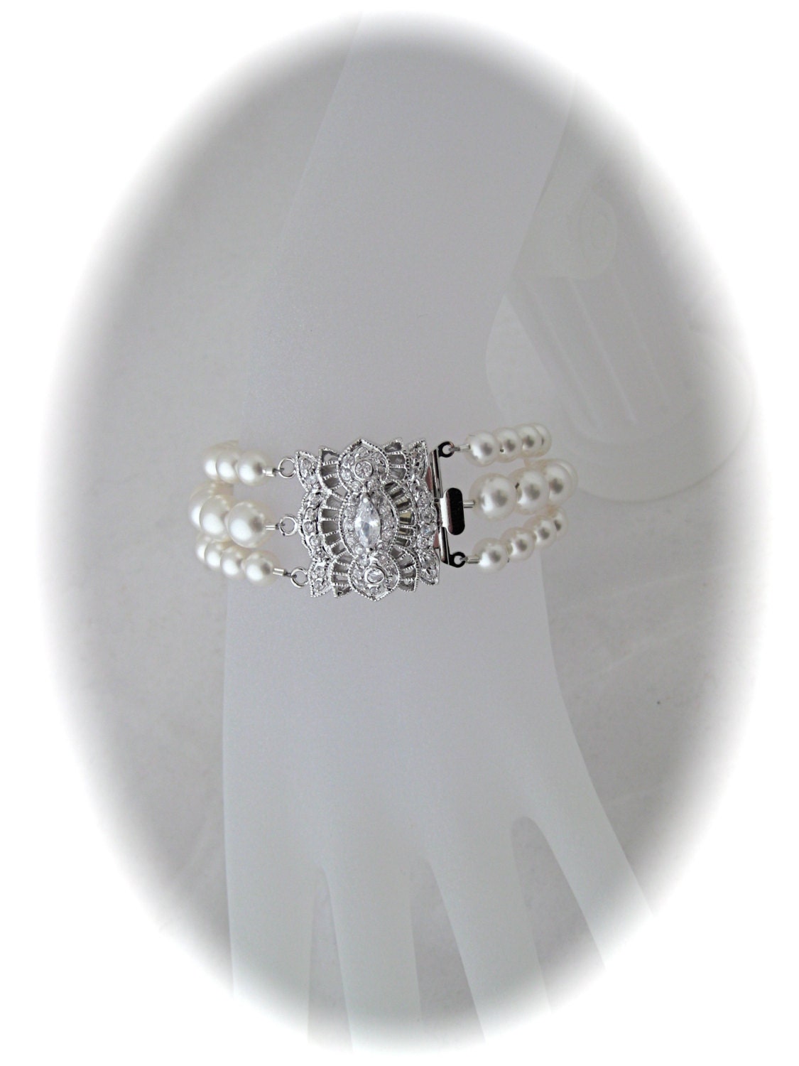 Bridal bracelet, Pearl Cuff Bracelet, Bridal Jewelry with Swarovski Pearls and Cubic Zirconia Box Clasp, Wedding Jewelry