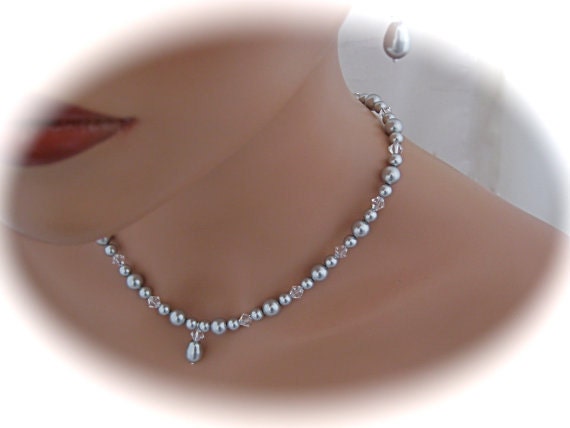 SET of 3 Grey Pearl Bridesmaid Necklace and Earrings set Wedding Jewelry with Swarovski Pearls and crystals