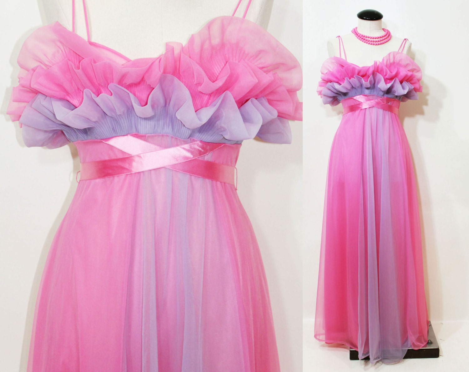 60s Vanity Fair Nightgown Lingerie Long Full Sweep Pink Ruffled Nylon Glamorous Medium M Vintage 1960s