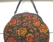 Lovely Vintage 1960's Floral Carpet Bag Purse Handbag in Oranges & Yellows w/ Red Lining