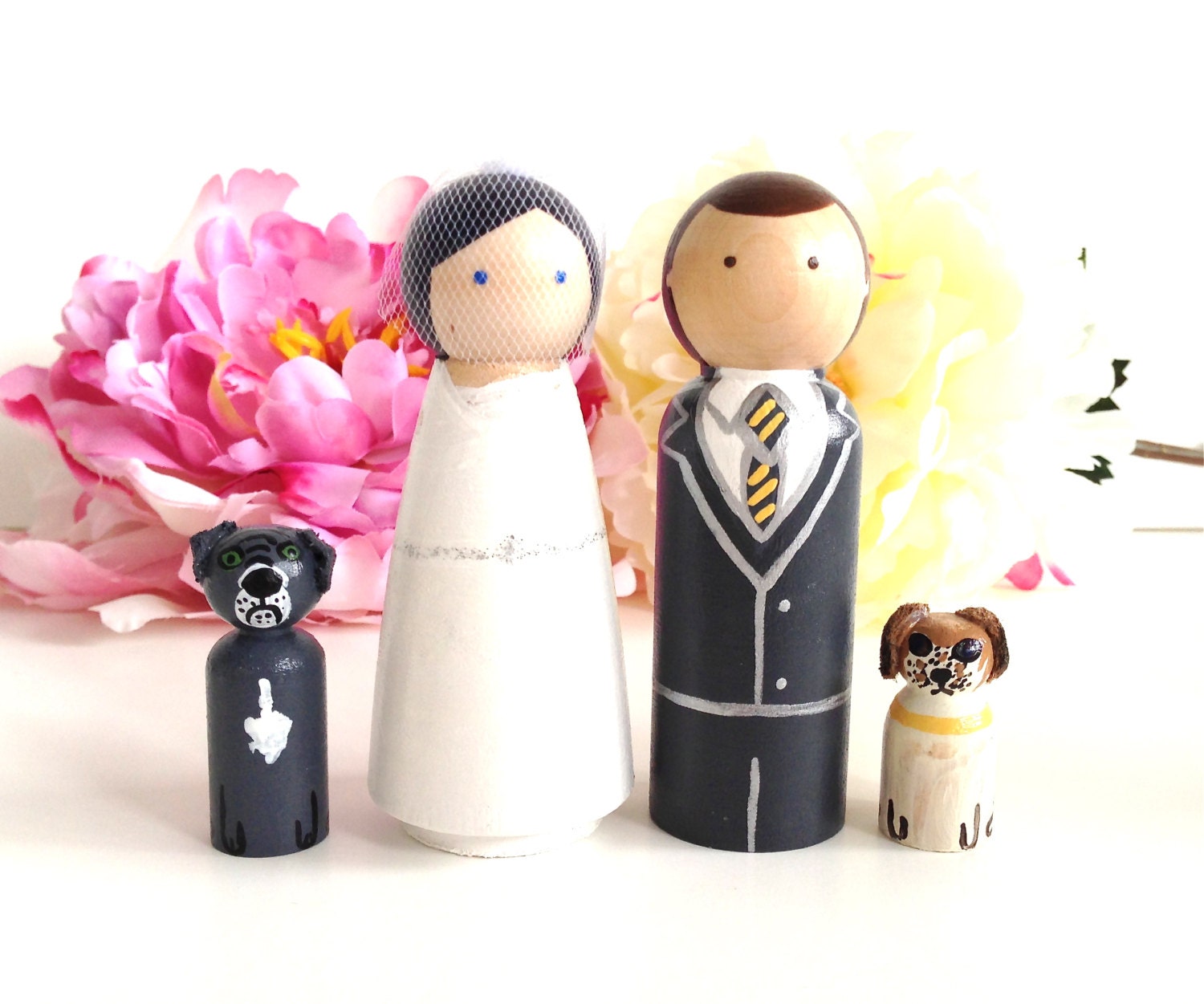 Wedding Cake Toppers Bride Groom with 2 Pets Cat Dog Family of 4 Custom Toppers Wood Peg Dolls Animals Cute Art CreativeButterflyXOX