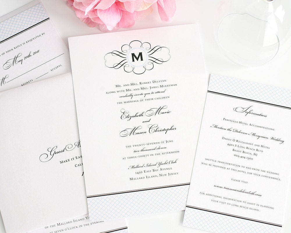 Vintage Wedding Invitation - 1920s, 1940s, Classic, Vintage, Winter Wedding Invitation with Crosshatch, Monogram - Deposit to Get Started