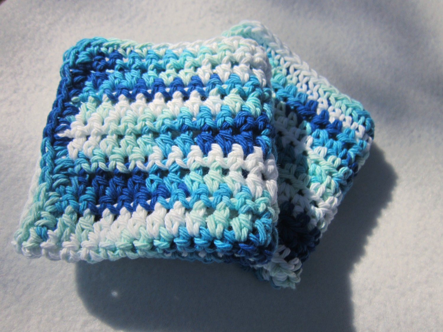 Cotton Dish Cloths or Wash Cloths  Set of Two in Shades of Blue and White