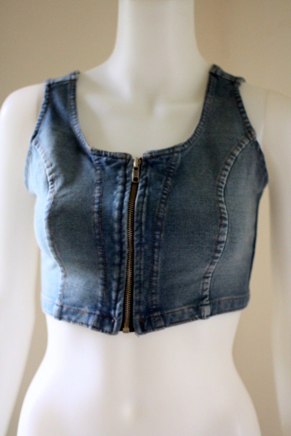 Zip Front 90s Stretch Denim Crop Tank in Distressed Blue - S