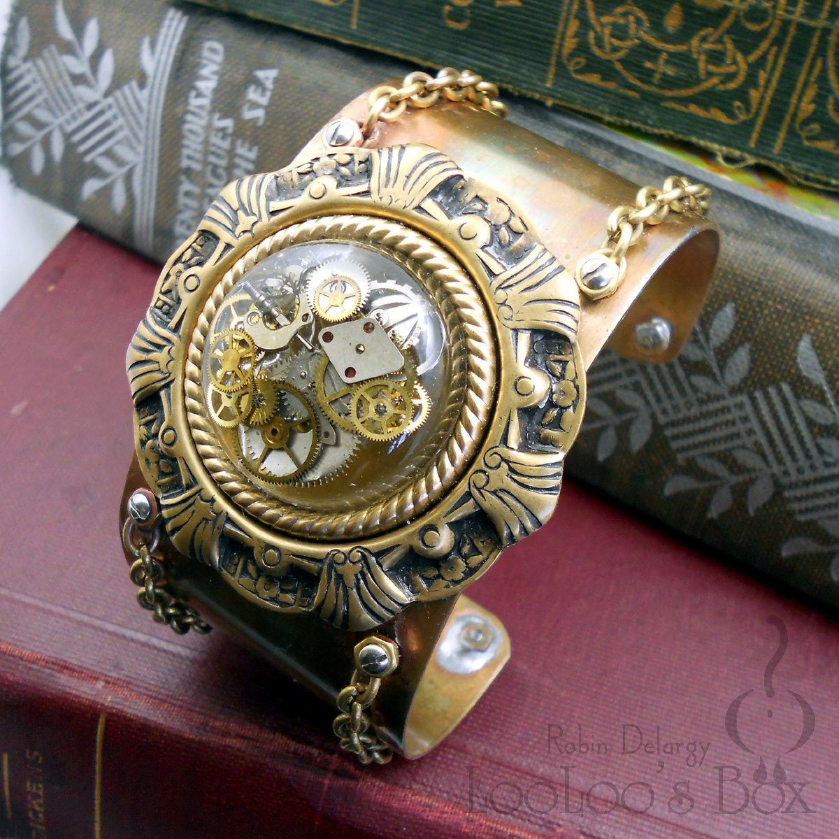 Steampunk Industrial Cuff Bracelet Brass w/ Chains Frozen Time Resin Cabochon Green Blue Gold Orange Copper B0102 by Robin Delargy