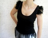 ON SALE 40 % OFF Fringed Black Tshirt with Feathers Women Tank Top Halter Size Medium