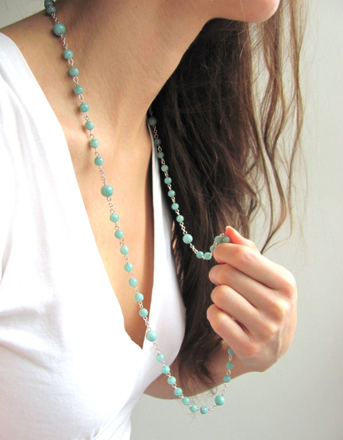 Rosary Necklace Prayer Bead Meditation Chakra Necklace in Green Amazonite Gemstones and Sterling Silver