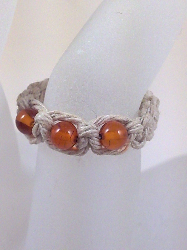 Natural Hemp Ring with Amber Gemstone Beads