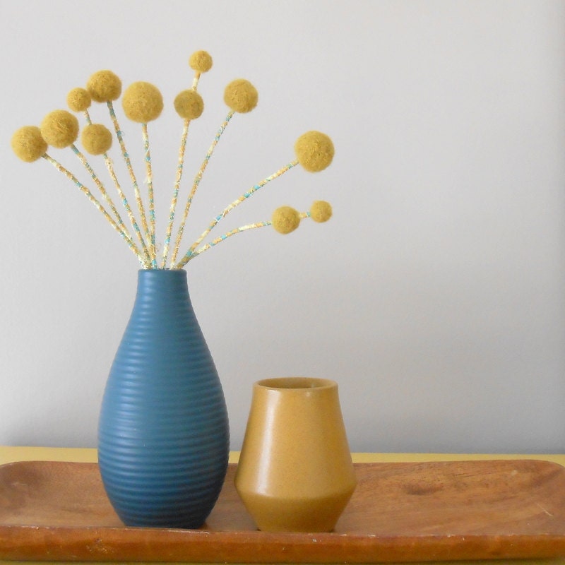Craspedia.Goldenrod pom pom flower blossoms.  Retro wool balls. Mustard Woolly balls, billy buttons.  Felted flowers.  Cottage shabby chic.