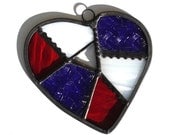 Stained glass abstract heart suncatcher, red white blue patriotic Americana patchwork