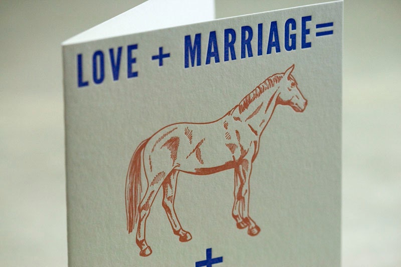 Letterpress Love and Marriage equals Horse and Carriage card