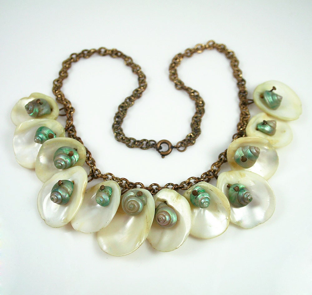 Vintage Art Deco Necklace White Teal Shell Bib Dangle Jewelry