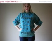 60% OFF SALE 80s Aztec Sweater / Oversized Knit Top / Aqua Blue Teal Green Southwest Printed Sweater / Knitwear / Womens and Mens Sweater /