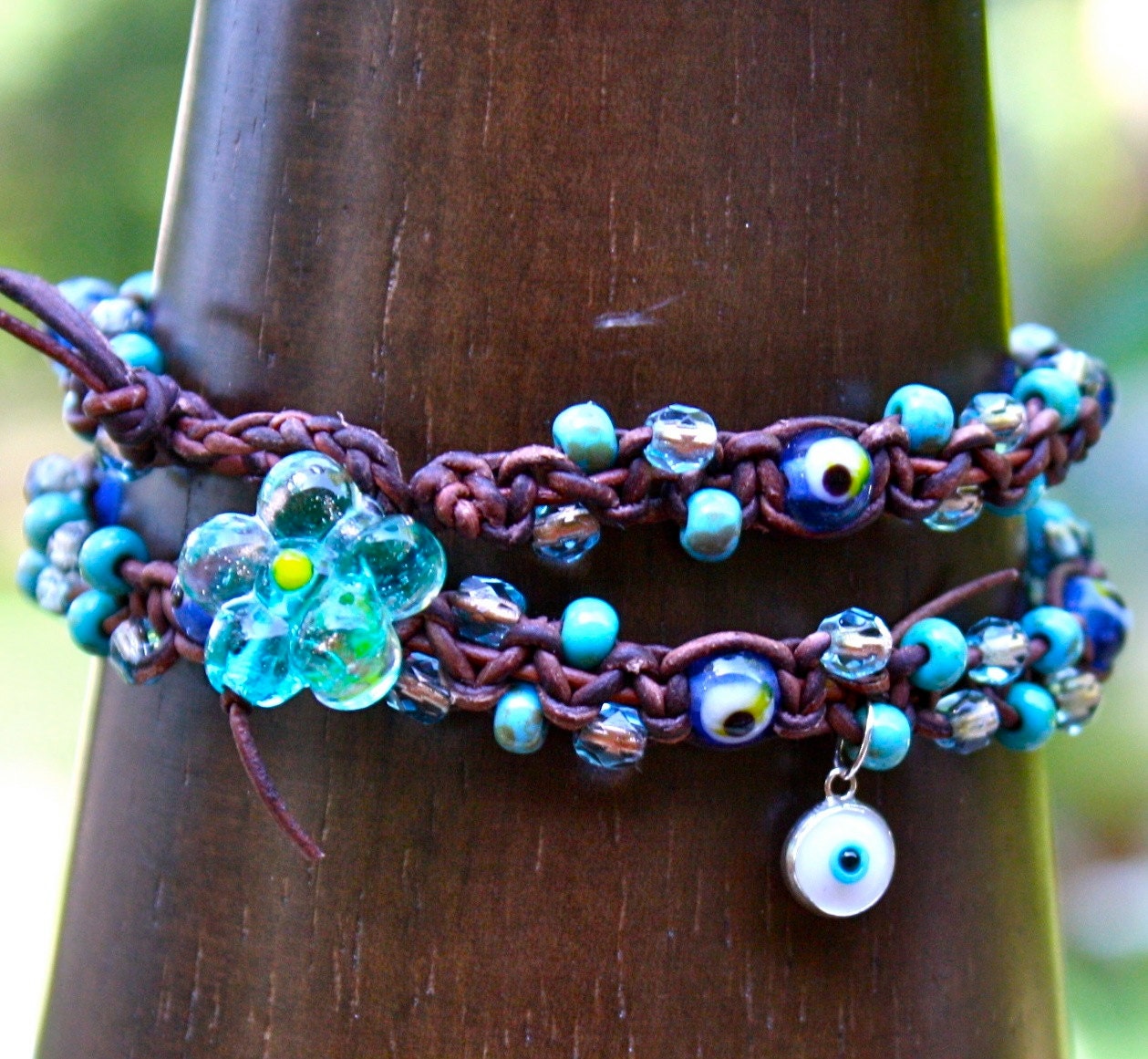 Leather Wrap bracelet 2X multi strand friendship charm bracelet knotted crochet jewelry  beaded flowers high fashion boho hippie jewelry
