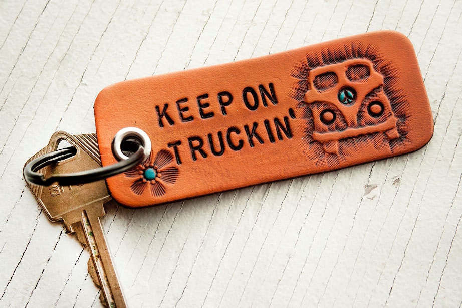 Keep on Truckin leather tag - Key chain - Luggage tag - custom stain and accent colors - Retro Hippie
