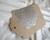6 Kraft silver embossed doily gift tags
